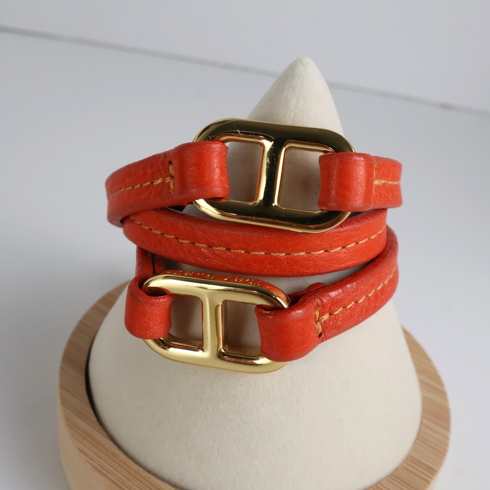 Tory Burch Orange Leather Triple Wrap Bracelet Gold Logo Hardware Small Wrist - Picture 2 of 5